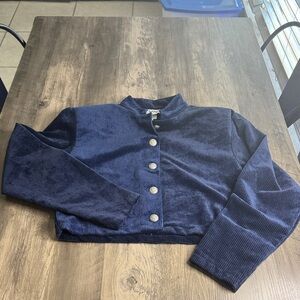 Vintage Banjo Navy Blue Western Corduroy Cropped Jacket With Shoulder Pads